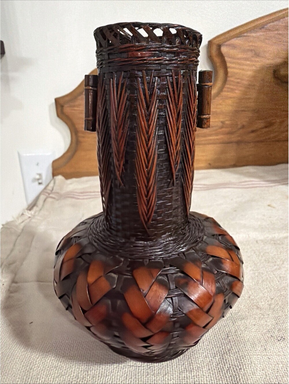 Vintage Japanese Ikebana Hand Woven Basket Vase Bamboo W/ Porcelain Insert 6.5”
